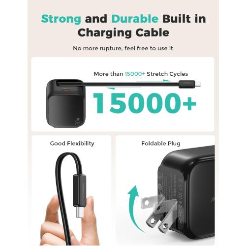 2-in-1 Retractable Wall Charger Plug with USB C Port and 27in/70cm Type C Cable,Travel Essentials 30W Fast Charging Foldable Block for iPhone 16/15/,iPad,Galaxy,Pixel-Black