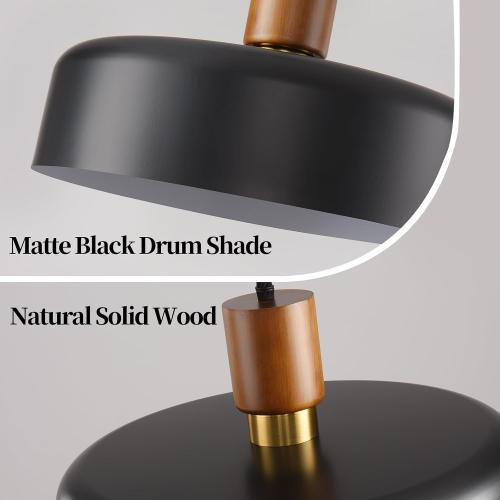 Eustace Large Black Pendant Light, 15.8 Oversized Ceiling Lamp with Oak Wood & Brass