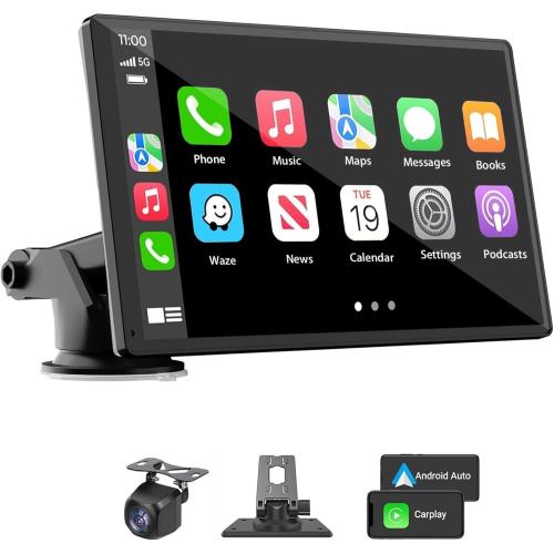 Black Portable Wireless Carplay Car Stereo, Touchscreen for Car with Apple CarPlay & Android Auto with Backup Camera/Mirror Link/Voice Control/Bluetooth/GPS/AUX/FM Satellite Radio for All Vehicles