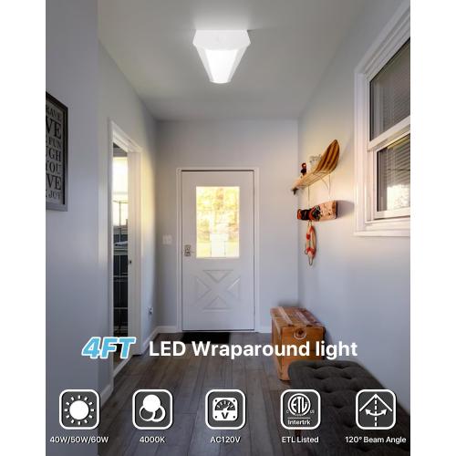 HYPERLITE 4FT LED Wraparound Light 6600LM, 60W/50W/40W, 4000K 48Inch Garage Ceiling Lights Surface Mount, AC120V ETL Listed Hardwired Led Light Fixture for Garage, Kitchen, Fluorescent Replacement,4P