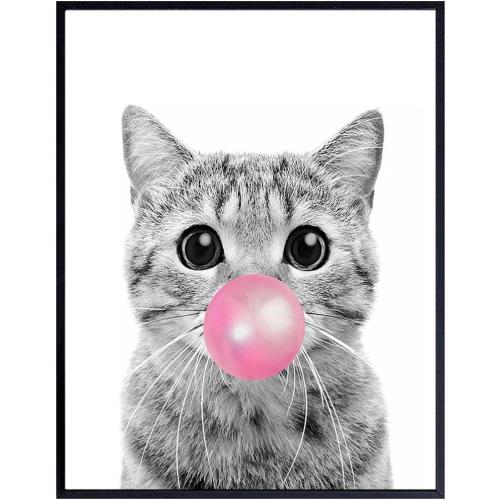 Size Medium Tabby cat Wall Art Cute Cat Nursery Wall Decor for Girls Bedroom, Kids Room - Pink Girly Kitty, PussyCat, Kitten Art - Cat Lover Gifts for Women - Adorable Cat Wall Art for Girl - Unframed