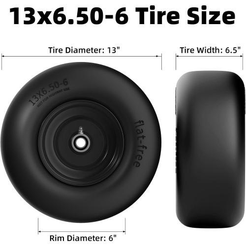 13x6.50-6 Lawn Mower Tires Flat Free, Zero Turn Mower Front Tires for Residential and Commercial, 13x6.5-6 Flat Free Tire and Wheel, 3/4 & 5/8 Bearing, 3.25-7.65 Center Hub, 2Pack Black
