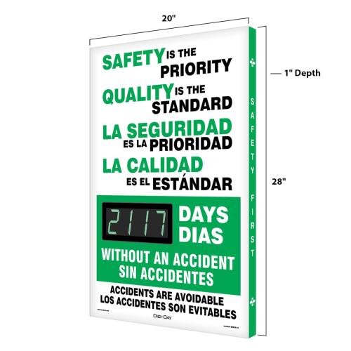 AccuformNMC Digi-Day Spanish Bilingual Electronic Safety Scoreboard SBSCK117, Track Days We Worked Without A Lost Time Accident, Aluminum 28”L x 20”W x 1”D, Bright LED Display with Remote, Made in USA