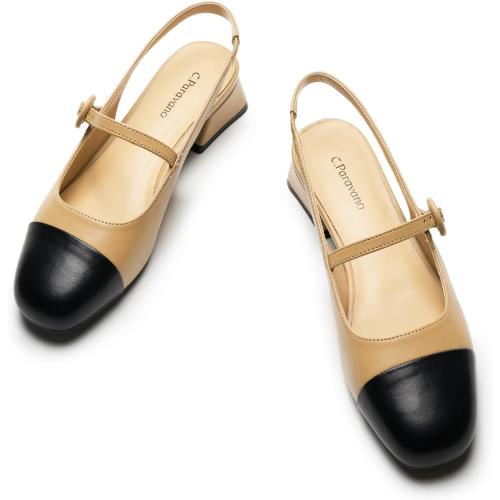 Size 7.5 C.Paravano Women's Slingback Mary Jane Pumps | Low Block Heel & Round Toe | Wedding Guest & Office Shoes | Pair w/Tea-Length Dresses or Linen Trousers