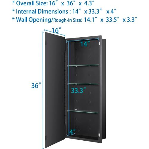 Black Bathroom Medicine Cabinet with Beveled Edge Mirrored Door 16 x 36 inch, Recessed or Surface Mount, with Adjustable Glass Shelves