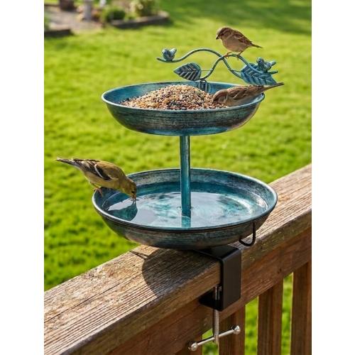 2 in 1 Deck Bird Bath & Feeder for Railing, Metal Birdbath & Birdfeeder with Adjustable Clamp, Detachable Bird Baths Water Bowl, Rustproof Wild Bird Balcony Patio Yard Garden Decor (Lake Blue)