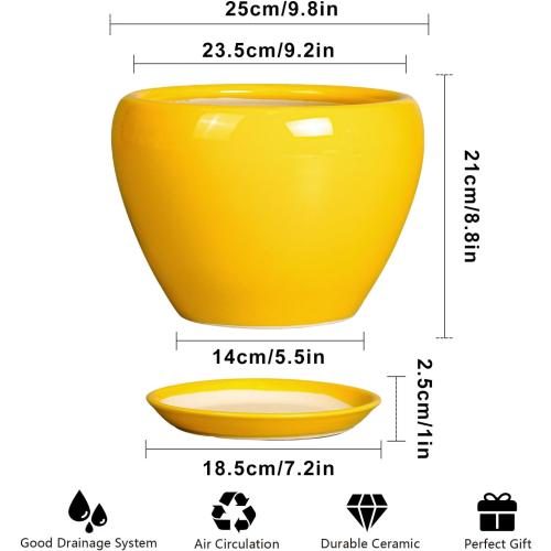 Ceramicfor Ceramic Planter - 10 Inch Plant Pot for Indoor Outdoor Plants Glaze Modern Round Planter with Drainage Hole and Saucer for Garden Office Home Room Patio Decor, Yellow