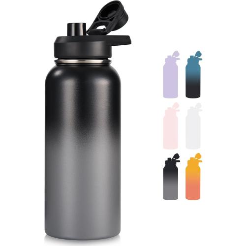32 oz Insulated Water Bottle with Handle, 304 Stainless Steel Water Bottles with Wide Mouth, Double Wall Vacuum Sports Water Bottle, BPA Free, Keep Cold and Hot, Black/Gray