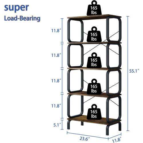 Book Shelf, Industrial 5 Tier Bookshelf, Tall Bookcase with 165lbs/Shelf Capacity, Open Wood Metal Bookshelves, Vintage Book Shelves for Bedroom, Living Room, Home Office, Garage - Rustic Brown