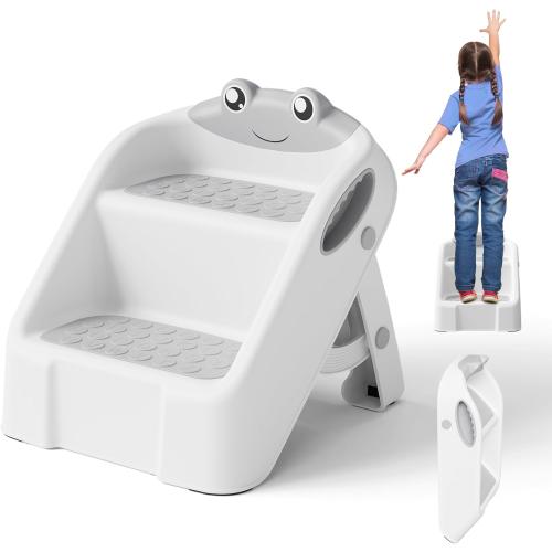 Toddler Step Stool, Easy to Fold Step Stools for Toddlers with Non-Slip Surface & Alphabet Patterns, Lightweight & Cute Kids Step Stool for Potty Training, Bathroom Sink, and Bedroom, Gray