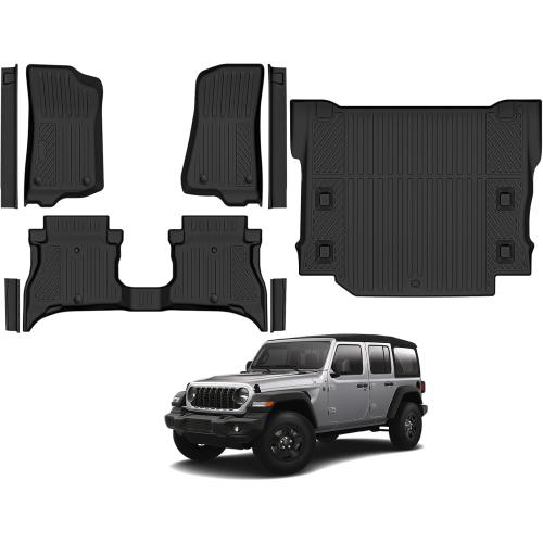 Floor Mats for 2018-2026 Jeep Wrangler 4XE 4 Doors(Not for JL or JK), Cargo Mat, All Weather TPE Cargo Liner Replacement Protection for Jeep Wrangler Accessories Door Sill Guards