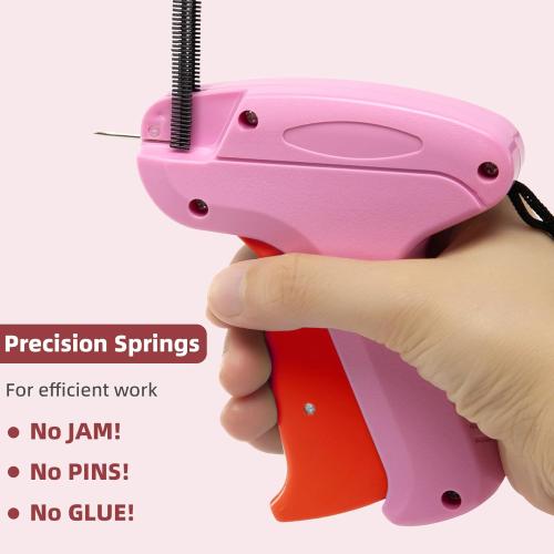 Stitch Gun for Clothes - Includes 6 Fine Needles, 1000 White & 1000 Black Fasteners, Handheld Stitch Gun - Quick Clothing Fixer, Tag Gun for Clothes (Pink Red)