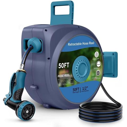 Retractable Garden Hose Reel, Wall-Mounted Hose Reel 1/2 in x 50 ft, Slow Retraction System, Any Length Lock, 180 Swivel Water Hose Reel with 10 Function Nozzle
