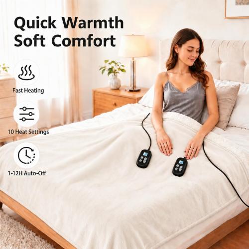 Electric Heated Blanket King Size 90 x 100, Soft Flannel for Bed, Couples, 10 Heat Settings, 1-12H Auto Shut Off, Dual Zone Controls, Overheat Protection, Machine Washable, White