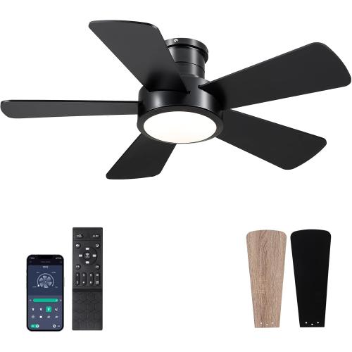 Dannilong 40 inch Modern Ceiling Fans with Lights Remote/APP Control, Low Profile Reversible Ceiling Fans Flush Mount 6 Speeds Ceiling fan Light for Patio Kitchen Bedroom, Black