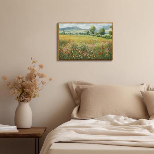 OIQArtOIQ Vintage Landscape Framed Wall Art Spring Countryside Colorful Wildflower Field Canvas Art Prints Farmhouse Cottagecore Pictures Wall Decor Rustic Meadow Paintings Artwork For Kitchen Bedroom