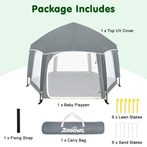 Zooawa Pop Up Playpen for Baby, Portable Playpen for Babies and Toddlers with Removable Sun-Shades& 2 Side UV Covers, Lightweight Outdoor Baby Playpen for Beach Home with Travel Bag,Light Gray