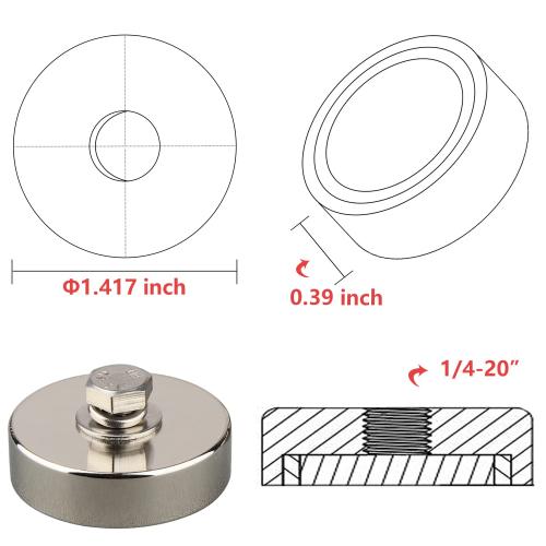 MUTUACTOR 120lb Neodymium Magnets Heavy Duty,2Pack Strong Rare Earth Magnets 1/4-20 Female Threaded Hole,Powerful Magnetic Mounting Round Magnet with Hole for Lighting,Camera,Garage Tools