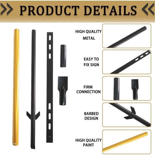 2 Pack 48 Inches Yard Stake for Outdoor Lawn 4ft Heavy Duty Metal Sign Holder Durable Posts for Outside Traffic Road Driveway Stand Parking Stop Durable Fits Signs 10 to 18 Inch Adjustable Black Gold