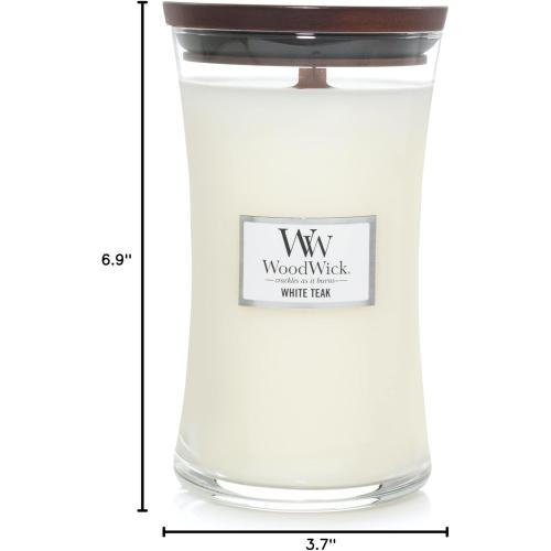 WoodWick Large Hourglass Candle in White Teak Premium Soy Blend Wax with Crackling Pluswick Innovation Wood Wick
