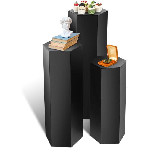Yaocom 3 Pcs Pedestal Stand for Display Metal Hexagonal Pedestal Stand Cylinder Cake Dessert Plant Table Pillar for Wedding Sculpture Collection Vase Party Decor, 23.6/29.5/35.4 Inch Tall(Matte Black)