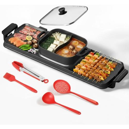 2250W Electric Grill and Hot Pot Combo, 29 x 9.5 Inch Smokeless Indoor BBQ Grill with Easy to Clean, Dual Zone Temperature Control, Includes Food Tongs, Oil Brush, Soup Spoon, Strainer Black