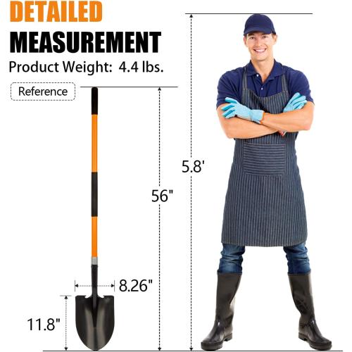 Heavy Duty Gardening Shovel, 56 Inch Round Blade with Fiberglass Handle (Orange)
