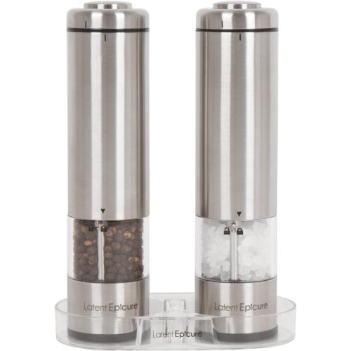 Electric Salt & Pepper Grinder Set – Battery Operated Stainless-Steel Mills & Shakers with Light, Adjustable Ceramic Grinders & Acrylic Rest Tray