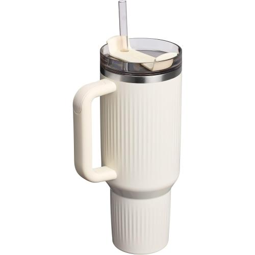 Stanley Quencher H2.0 Tumbler with Handle and Straw 40 oz | Flowstate 3-Position Lid | Cup Holder Compatible for Travel | Insulated Stainless Steel Cup | BPA-Free | Fluted Cream Gloss