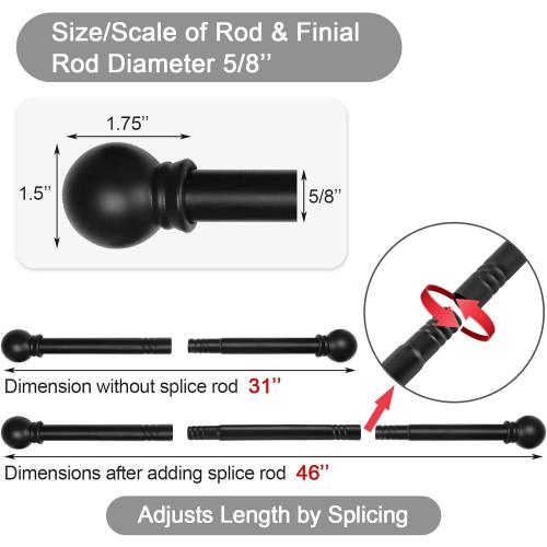 Curtain Rods for Windows 31 or 46 Inch, 5/8 Diameter Black Curtain Rod Adjusts Length by Splicing, Suitable for Bedroom, Living Room,Kitchen,Farmhouse, Outdoor