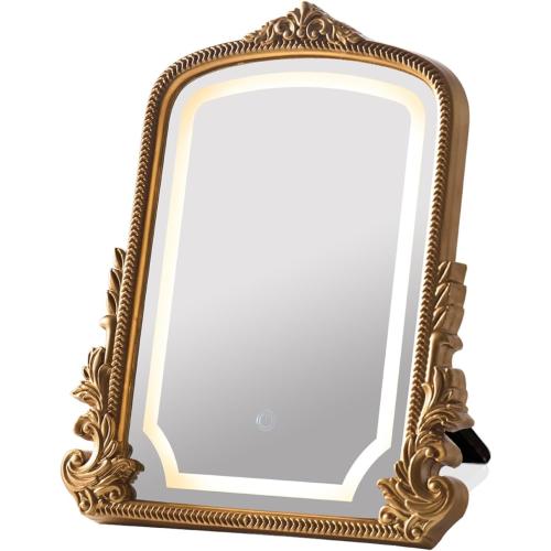 HSDDHOME Vintage Vanity Mirror with Three-Color Lighting, Antique Gold Carved Arch Table Mirror, 16x20 Makeup Mirror for Dressing Room, Bedroom & Boho Decor
