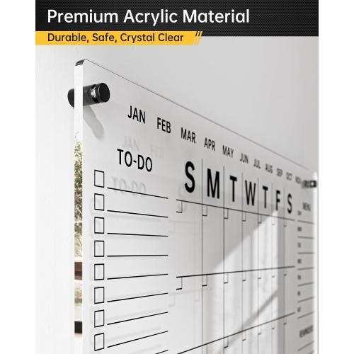 Acrylic Wall Calendar with Dry Erase Surface | 28x20 Clear Monthly Planning Board | Includes 8 Color Markers, Eraser, Multi-Color Standoff Screws, and Installation Kit | Perfect for Home & Office