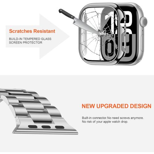 iiteeology Compatible with Apple Watch Band 46mm Series 11 Series 10, Upgraded Stainless Steel Band with iWatch Screen Protector Case for Men Women Silver/Silver