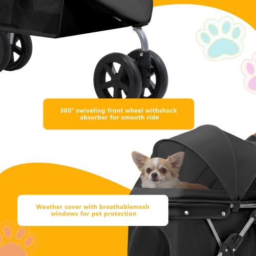 Pet Stroller for Small/Medium Dogs and Cats, Foldable 3 Wheel Jogger,One-Click Fold,Breathable Mesh, Storage Basket,Cup Holder,Weather Cover,(Black)