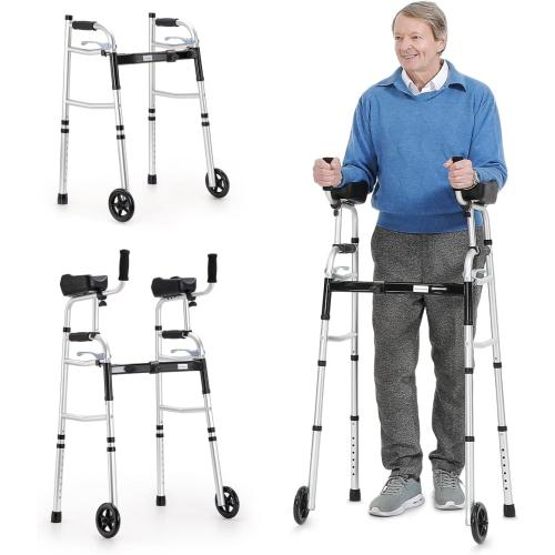 OasisSpace Folding Walker - Standard Walker with 5’’ Wheels and Removable Padded Armrests 300lbs, Platform Walker with Arm Support for Senior, Handicap & Disabled