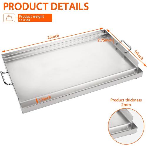 LotFun 25 x 16 Stainless Steel Cooking Griddle for Outdoor Gas Grill, Universal Griddle Flat Top Plate Insert with Grease Groove and Removable Handles for Electric/Charcoal/Gas Grill, Camping,Party