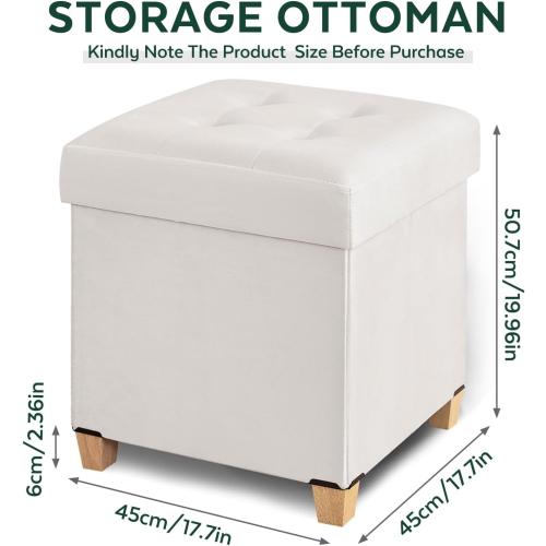 Ottoman with Storage, Square Storage Ottoman for Dorm, Velvet Ottomans with Legs for Living Room, Bedroom, 17.7 D x 17.7 W x 19.9 H, Cream White