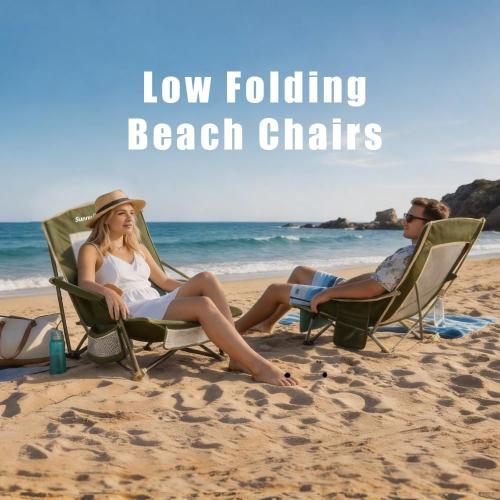 SunnyFeel Low Folding Beach Camping Chair 2 Pack, Portable Backpacking Chairs with Mesh Back,Cup Holder, Compact & Heavy Duty for Adults 300 LBS for Outdoor Picnic Fishing Concert Sand Lawn (2pcGreen)