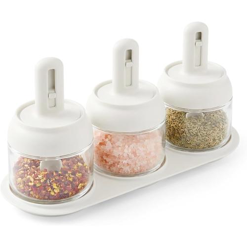 Povinmos® 3 Piece Glass Salt Container | Storage | Pepper,Table Salt, Sugar,Gourmet Salts,Spice |Chili Herbs |10 oz |Glass Salt Container with Lid and Retractable Spoon