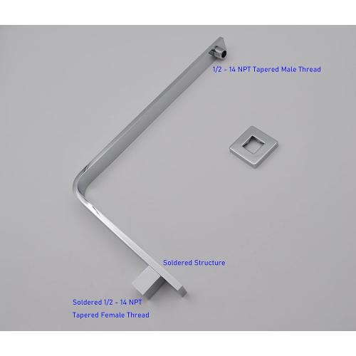 Aquaiaw High Rise Shower Arm and Flange, 16 inch, Solid Brass, Square Shower Riser, Gooseneck Raised Shower Head Arm, Wall Mount Shower Head Extension Arm, 1/2 NPT Tapered Threads (Polished Chrome)