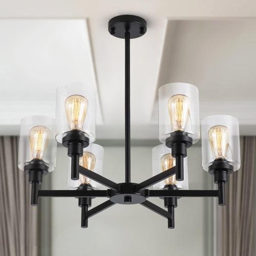Black Chandelier, 6 Light Farmhouse Chandeliers for Dining Room Light Fixtures Over Table, Industrial Hanging Lighting with Clear Glass Shade for Living Room Kitchen Island Bathroom Entryway Bedroom (2 Missing clear glass)