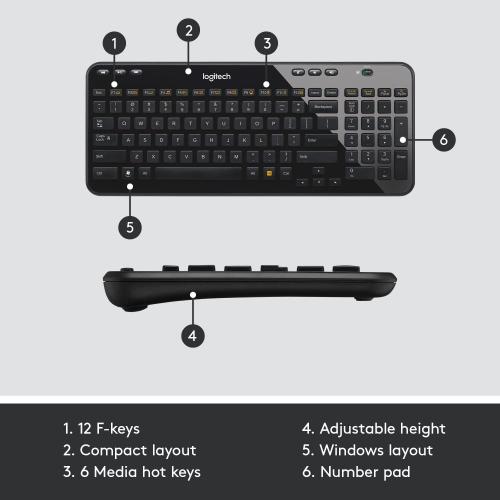 Logitech K360 Wireless USB Desktop Keyboard — Compact Full Keyboard, 3-Year Battery Life (Glossy Black)