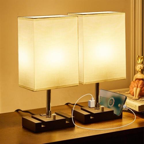 Fully Dimmable Table lamp, Lamps with Two Phone Stands and AC Outlet, Bedside Lamp with Two LED Bulb for Bedroom, Living Room,Study(Set of 2) Light White