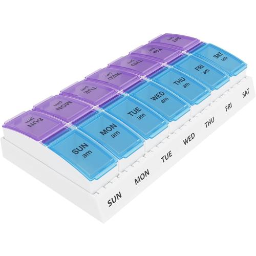 Weekly AM/PM Pill Organizer - 7 Day Medicine Planner with Large Pop-Out Daily Compartments, Easy Open 2-Times-a-Day Pill Case for Travel that Holds Big Size Vitamins & Supplements, Blue and Purple