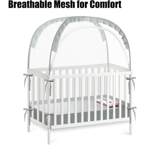 PandaEar Pop Up Crib Tent to Keep Baby from Climbing Out, Breathable Crib Net Mesh Canopy, Babies Crib Cover with Zipper, Easy Installation (Grey)