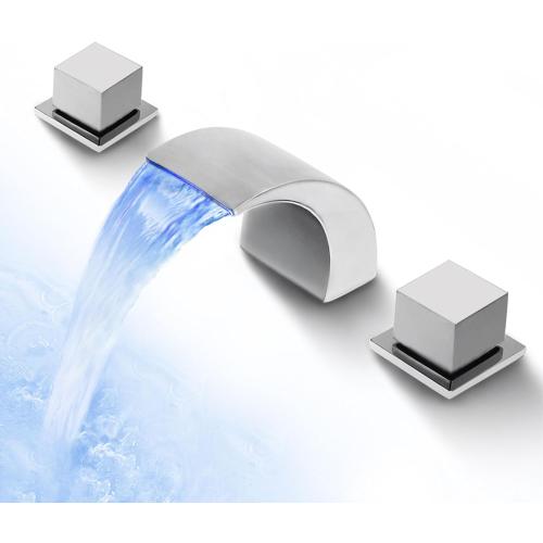 SKOWLL Polished Chrome Deck Mount Bathroom Faucet, 2 Handle Modern LED Waterfall Vanity Sink Faucet, 8 Inch Widespread Lavatroy Sink Faucets