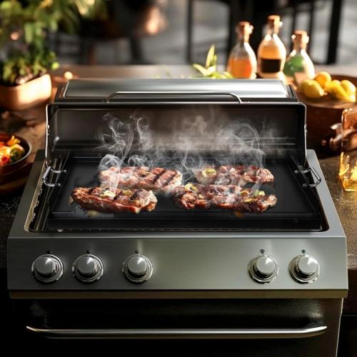 Black LotFun 25 x 16 Carbon Steel Cooking Griddle for Outdoor Gas Grill, Universal Griddle Flat Top Plate Insert with Grease Groove and Removable Handles for Electric/Charcoal/Gas Grill, Camping,Party