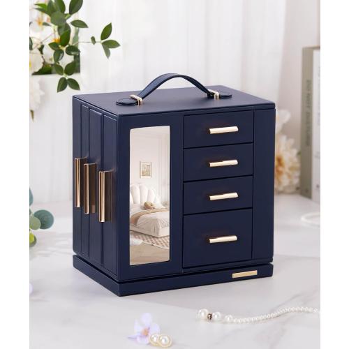 Homde Jewelry Box 360° Rotating, Necklace Earring Organizer with Transparent Window, Mirror, 7 Drawers, Large Ring Display Storage Case for Girls Women (Dark Blue)