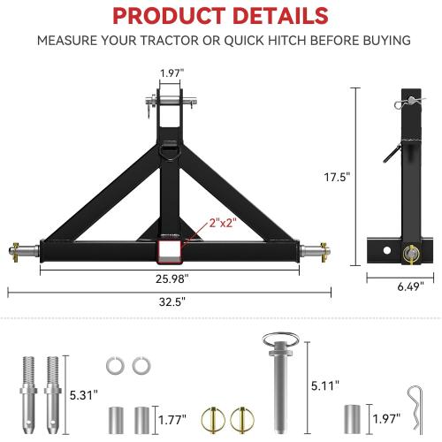 3 Point 2 Trailer Hitch Receiver Compatible with Quick Hitch for Category 1 Tractors, Heavy Duty Tractor Mover Drawbar, Farm Equipment and Subcompact Trailer Hitch for Tractor Standard Cat 1(Black)