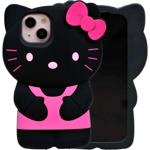 Cartoon Case for iPhone 15 6.1, Fashion Cute 3D Cute Kitty Kawaii Soft Silicone Animal tective Gel Shockof Gel Back Cover for Kids Women Girls Boys (Black)